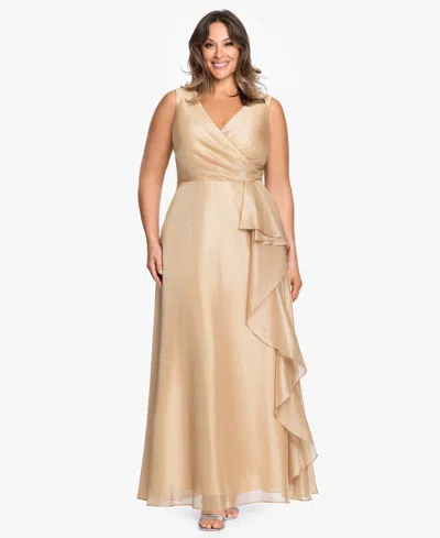Xscape Plus Size V-neck Jacquard Ruffle Gown In Gold