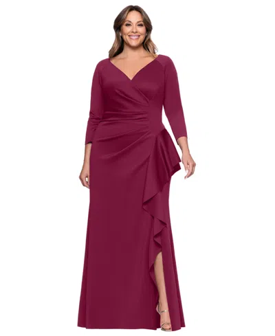 Xscape Plus Size V-neck Long Sheath Dress In Wine