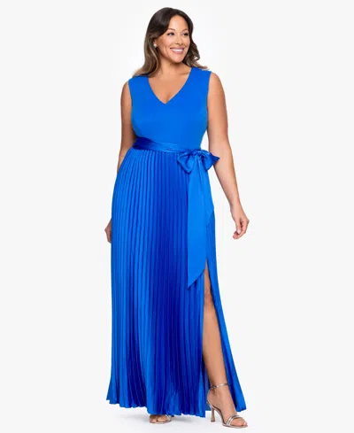 Xscape Plus Size V-neck Sleeveless Pleated Gown In Blue