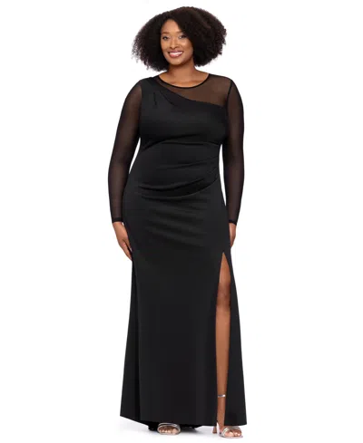 Xscape Plus Size Wedding Guest Long-sleeve Mesh Dress In Black