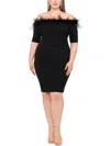 Xscape Feather Trim Off The Shoulder Cocktail Dress In Black