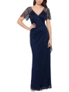 Xscape Beaded Sleeve Ruched Column Gown In Blue