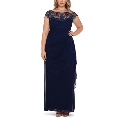 Xscape Plus Womens Embellished Ruched Evening Dress In Blue