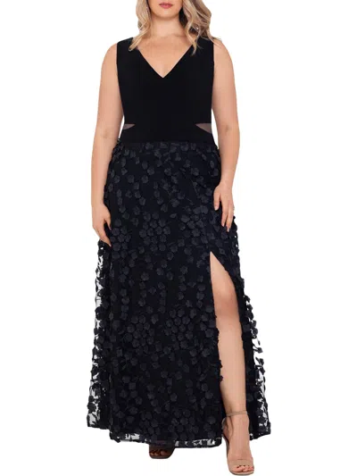 Xscape Plus Womens Floral V-neck Evening Dress In Black