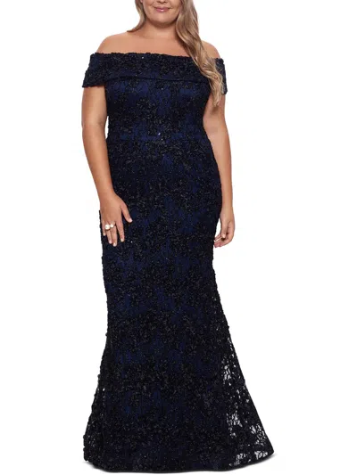 Xscape Plus Womens Lace Overlay Off-the-shoulder Evening Dress In Blue
