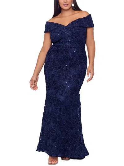Xscape Plus Womens Sequined Lace Overlay Evening Dress In Blue