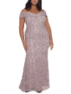Xscape Off The Shoulder Embroidered Lace Gown In Grey