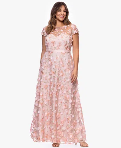 Xscape Plus-size Short-sleeve 3d Floral Embroidered Ball Gown In Pink
