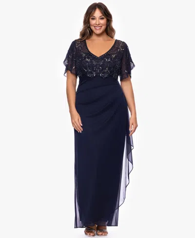 Xscape Plus-size V-neck Short-sleeve Ball Gown In Blue