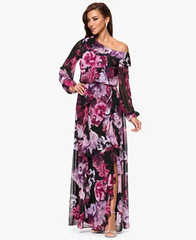Xscape Printed Asymmetrical Long-sleeve Maxi Dress In Nadia Print In Multi