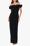 XSCAPE RUFFLE OFF THE SHOULDER CREPE GOWN