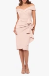 XSCAPE RUFFLE OFF THE SHOULDER SCUBA CREPE COCKTAIL DRESS