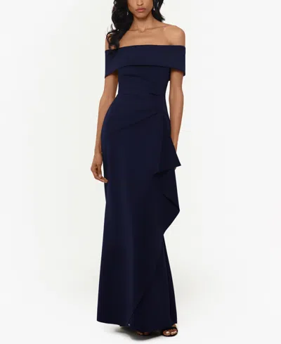 Xscape Ruffled Off-the-shoulder Gown In Navy