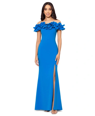 Xscape Ruffled Off-the-shoulder Gown In Turquoise