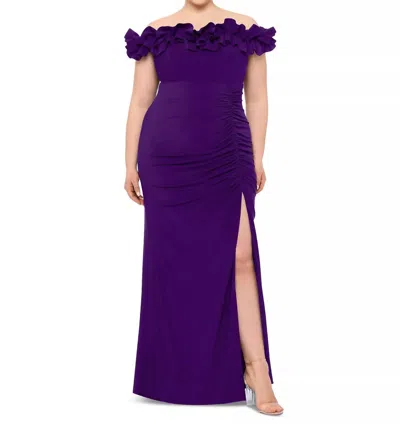Xscape Ruffled Off-the-shoulder Long Sheath Dress In Purple