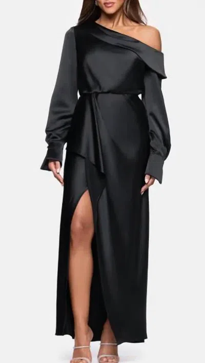 Xscape Satin Off Shoulder Long Sleeve Maxi Dress In Black