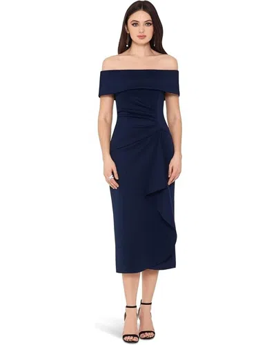 Xscape Scuba Crepe Over-the-shoulder Side Ruched Dress Women's 8 Navy Erk763 In Blue