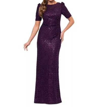 Xscape Sequined Lace Maxi Gown In Purple