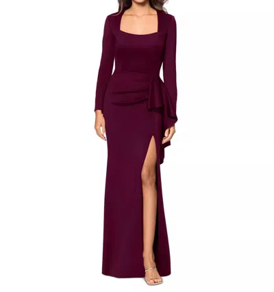 Xscape Square-neck Draped Long-sleeve Gown In Deep Purple In Brown