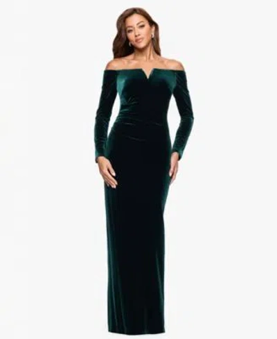 Xscape Velvet Off The Shoulder Gown In Green