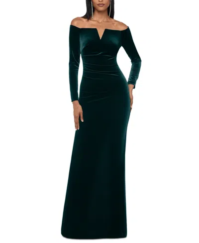 XSCAPE VELVET OFF-THE-SHOULDER GOWN