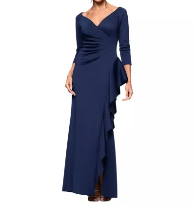 Xscape V-neck Ruffled Side-slit Scuba Gown In Navy In Blue