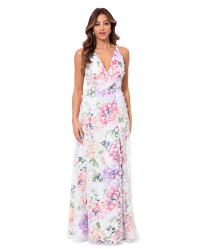 Xscape Women's 3d-applique Floral-print Gown In White,pink,green