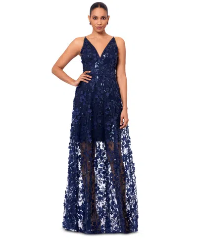 Xscape Women's 3d Floral-applique Sequined Gown In Navy