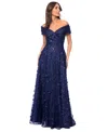 Xscape Women's 3d Floral Embroidered Off-the-shoulder Gown In Navy