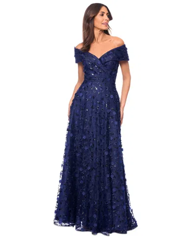 Xscape Women's 3d Floral Embroidered Off-the-shoulder Gown In Navy