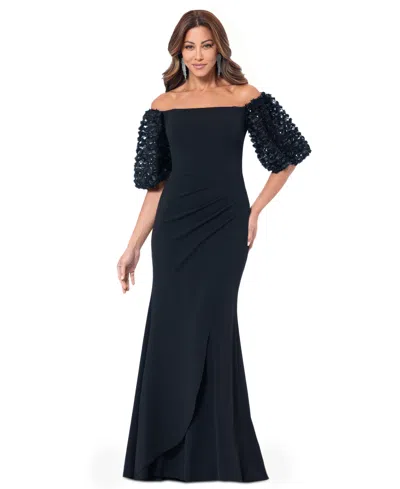 Xscape Women's 3d Floral-sleeve Off-the-shoulder Gown In Black