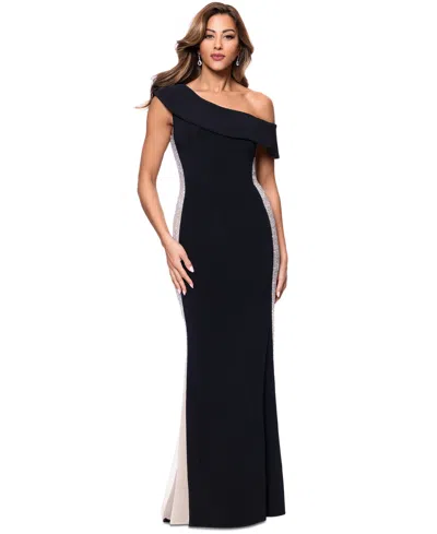 Xscape Women's Asymmetric-neck Colorblocked Gown In Black,nude,silver