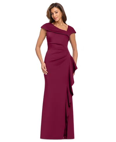 Xscape Women's Asymmetric Neck Side Ruffle Gown In Purple