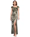 Xscape Plus Size Asymmetrical-neckline Long Sheath Dress In Olive