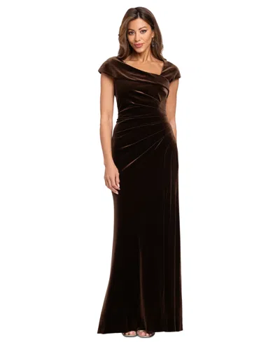Xscape Women's Asymmetrical Neck Cap Sleeve Velvet Dress In Brown