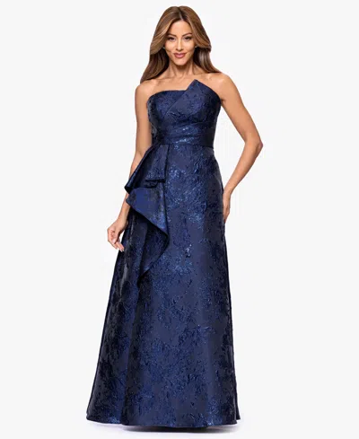 Xscape Women's Asymmetrical Strapless Ruffle Dress In Blue