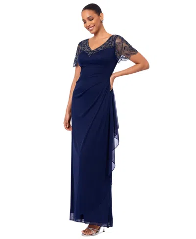 Xscape Women's Beaded Sheer-sleeve Jersey Dress In Navy