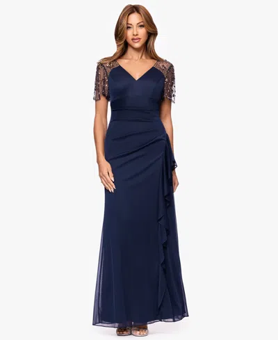 Xscape Women's Beaded V-neck Dress In Blue