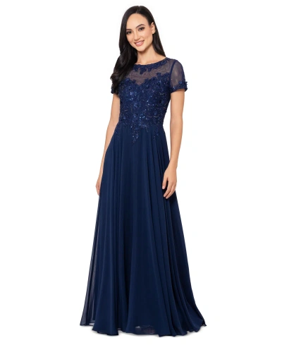 Xscape Women's Boat-neck Sequin Mesh Gown In Navy