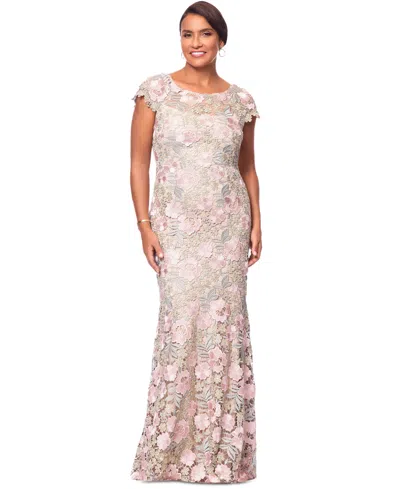 Xscape Women's Boat-neck Short-sleeve Lace Gown In Blush,grey,gold