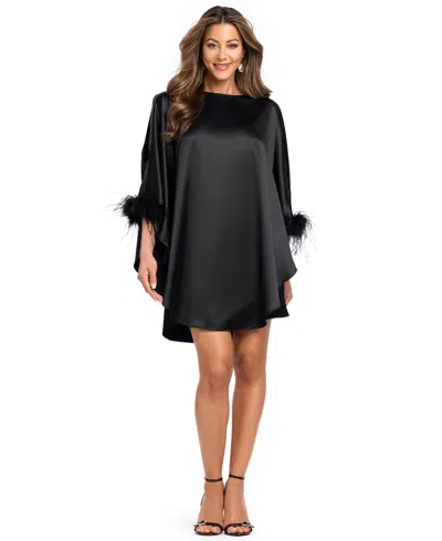 Xscape Women's Boat-neck Satin Feather-trim Dress In Black