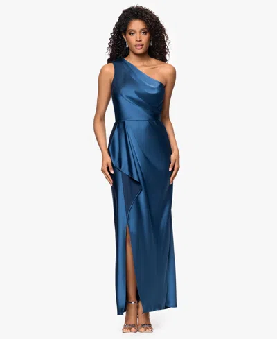 Xscape Women's Bridesmaid One Shoulder Satin Long Dress In Blue