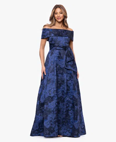 Xscape Women's Brocade Off-the-shoulder Ball Gown In Blue