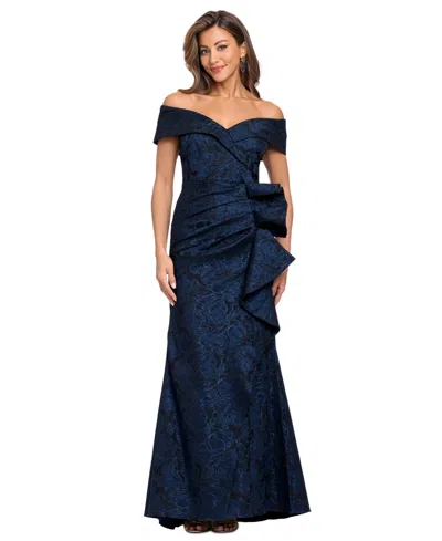 Xscape Women's Brocade Off-the-shoulder Ruffle Gown In Blue