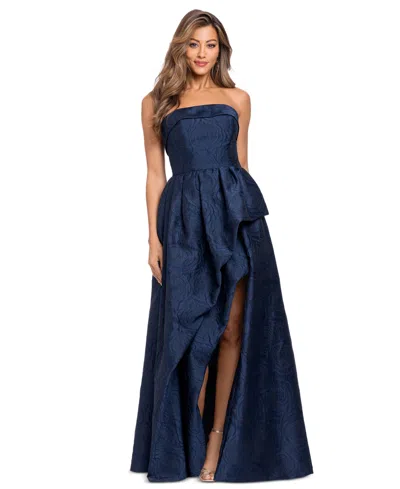 Xscape Women's Brocade Strapless Ruffle Gown In Blue