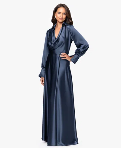 Xscape Women's Collared Long-sleeve Dress In Blue