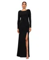 Xscape Crystal Trim Long Sleeve Gown In Black,nude
