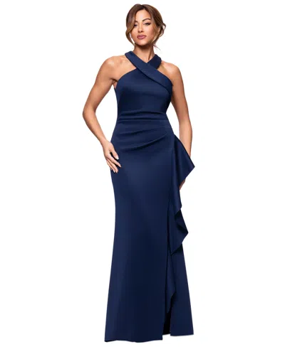 Xscape Women's Crisscross Halter Side-ruffled Gown