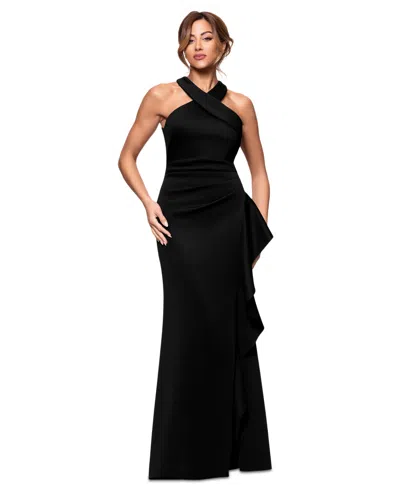 Xscape Women's Crisscross Halter Side-ruffled Gown In Black