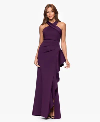 Xscape Women's Crisscross Halter Side-ruffled Gown In Purple